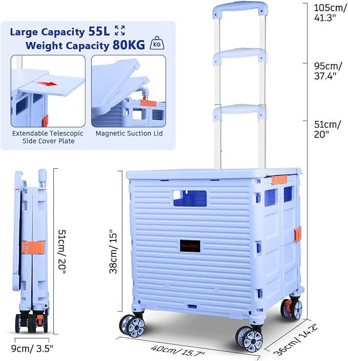 Foldable Utility Cart Collapsible Portable Crate Rolling Carts with Wheels Tote Basket with Magnetic Lid Telescopic Cover Wear-Resistant 360°Rotate Wheel Noiseless for Shopping Storage Office Use