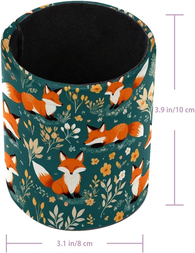 Faux Leather Pen Holder for Desk, Pencil Organizer Cartoon Little Fox Pen Cup Desk Decor Makeup Brush Holder Storage for Office Home