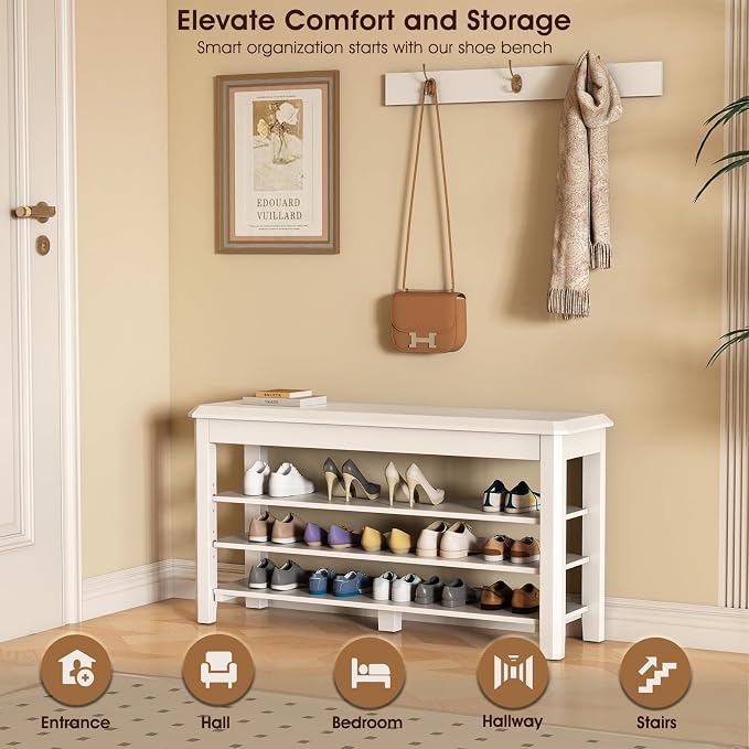 IUNVR Shoe Rack Bench Seat Rubberwood 3-Tier Wooden Storage Bench 550lbs Compact Mid-Century Modern Design for Entryway, Hallway, Closet, Front Door Entrance, Foyer