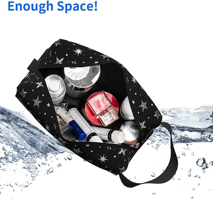 Cute Doodle Stars Makeup Bag for Women,Black Star Cosmetic Bag Travel Toiletry Pouch Aesthetic Zipper Organizer for Gym & Daily Use 10x6.2x4.9 Inch