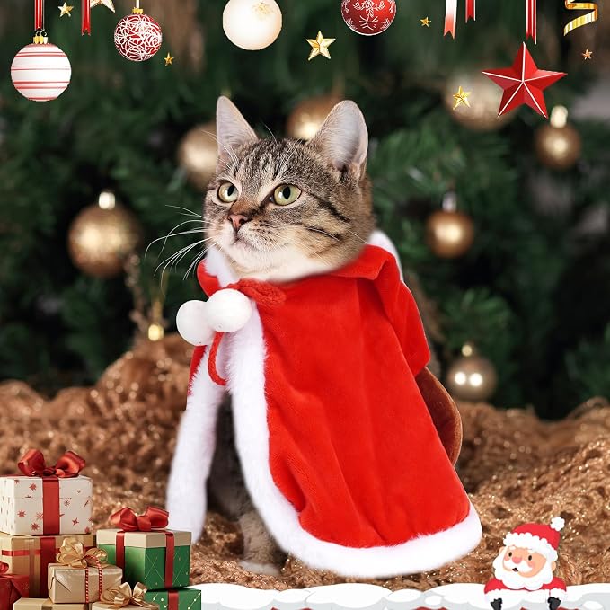Dog Christmas Cape Velvet, Pet Santa Costume with Elk Antlers Hat Santa Claus Reindeer Outfit Puppy Xmas Hoodie Cloak Dog Clothes for Small Dogs Cat Doggie Cloak