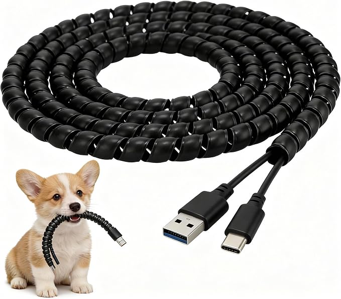 Flutesan Dog and Cat Cord Protector 49.2 ft 10 mm Spiral Cable Wire Wrap from Pets No Chew Cat Proofing Cords 5 Pcs/Pack for TV Computer Ebike Electrical Wire(Black)