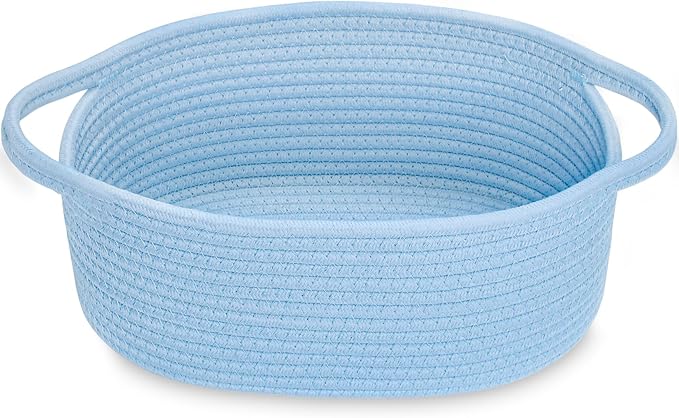 ABenkle Small Basket with Handles, Boho Decorative Rope Woven Dog Cat Toy Storage Bin Shelf Storage Organizer, Easter Christmas Gift Basket, 12"x8"x5", Blue