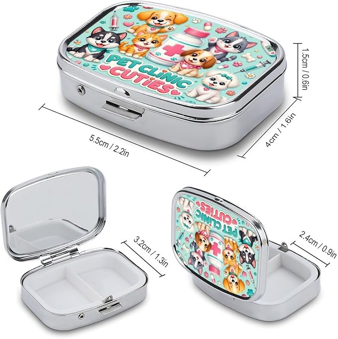 Cute Pet Clinic Playtime Party Two Compartment Pill Box Medicine Organizer, Portable Pill Case with Secure Snap Closure for Vitamins Medication Supplements Daily Use