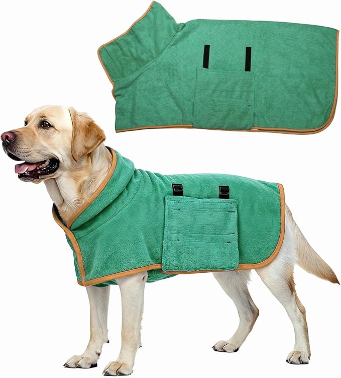 Dog Drying Coat, Dog Robes for After Bath Bathrobe Super Absorbent Towel Soft Adjustable, (XL, Dark Green), Intended for Fast Drying Warm Keeping Pet Cats Kitten Puppies