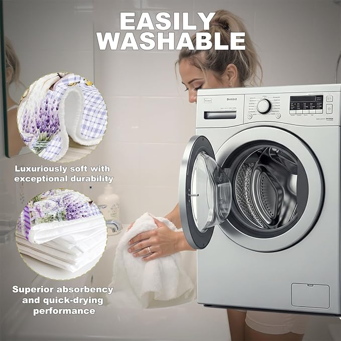 2 Pcs Watercolor Lavender Kitchen Towels, Purple Aesthetic Decorative Absorbent Microfiber Dish Cloth Tea Towel, Checkered Waffle Soft Hand Towels for Farmhouse Home Bathroom Decor, Housewarming Gifts