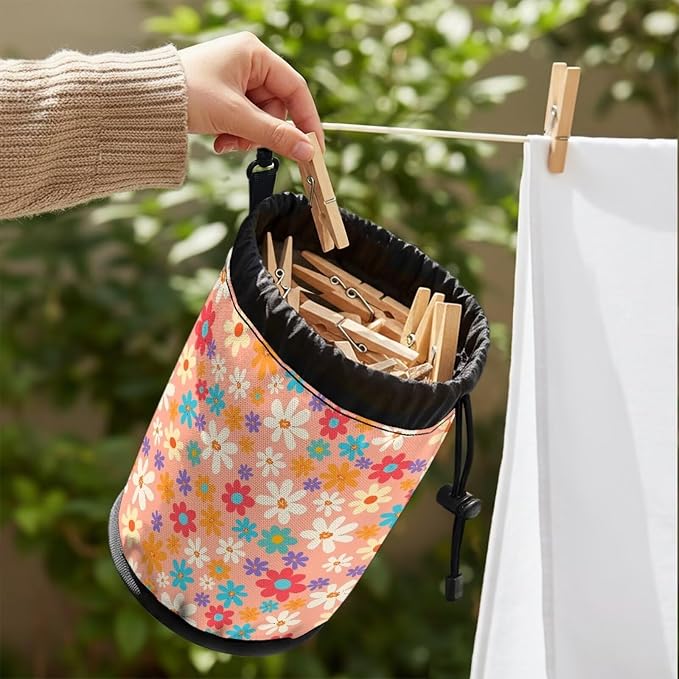 Floral Clothespin Storage Pouch Drawstring, Laundry Peg Bag Organizer with Multi-Hang Button, Portable Clips Holder for Drying Rack, Camping, Travel & Dorm