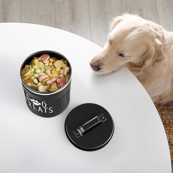 OUTNILI Large Dog Treat Container Airtight - 6.6" Tall X 6" Round Black Dog Treat Jar for Kitchen Counter - Rustic Treat Storage Canister for Dogs, Cats, Small Animals