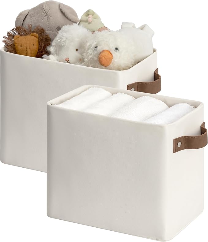 StorageWorks Narrow Storage Bins, Tall Storage Basket, Beige, 2-Pack | With Metal Frame, Sturdy Structure, PU Handles, Toilet Paper Storage, Small Storage Bins, For Bathroom, Closet, Shelf