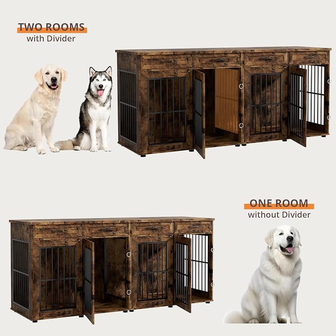 VOWNER 87" Dog Crate Furniture for 2 Dogs, Double Dog Cage Furniture, Brown | Extra Large Wooden Dog Kennel with 4 Drawer, Removable Divider, Furniture-Style TV Stand, XXL Dog Crate for Large Medium Dogs