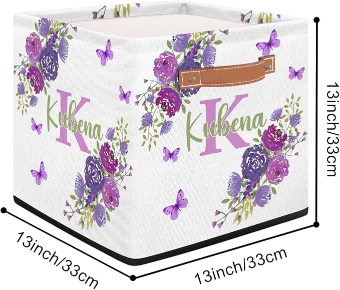 Personalized Name-Initial Purple Flower Storage Baskets for Girls Women, Custom Portable Square Storage Bins with Handles Foldable Organizer for Toys, Clothes, Blanket,Towel, Pet 13”