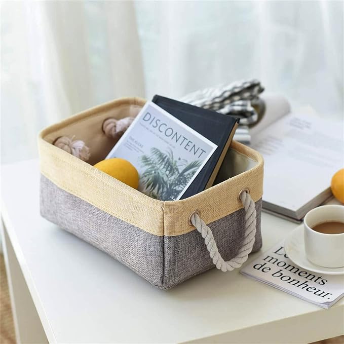 Decorative Basket Rectangular Fabric Storage Bin Organizer Basket with Handles for Clothes Storage (Gold&Grey, Medium-1Pack,13.8L*9.8W*6.7H)