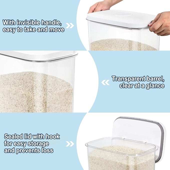 LEAWALK Airtight Rice Storage Container, Cereal Dry Food Flour and Sugar Bin, Dog Cat Food Dispenser with Measuring Cup, BPA Free Clear Plastic Kitchen (White, 12L-1pack)