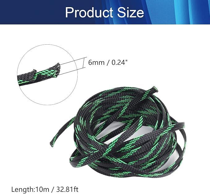 Jutagoss PET Expandable Braided Cable Sleeve, 32.8ft - 1/4 inch Black Fluorescent Green Cable Management Sleeve, Wire Loom Tube Cord Protector for USB Cable, Power Cord, Audio Video and More, 1Pc