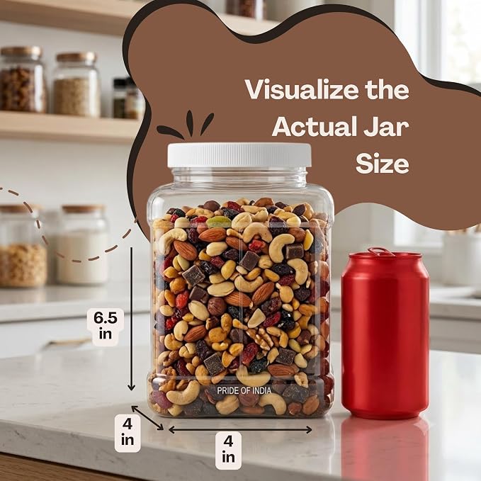 Pride of India Clear Food Grade PET Plastic Jar – 48 Fluid Ounce | Square-Grip Plastic Containers for Snacks, Candy, Cereal, Pet Food, Kitchen, Pantry & Household Storage (4-5 Cup Storage Capacity)