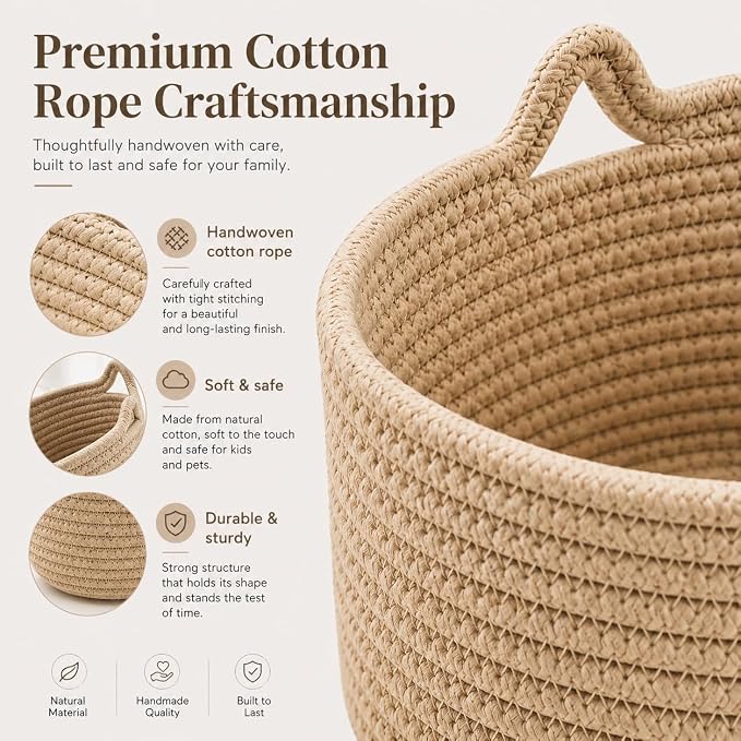 Small Woven Baskets | Mini Storage Bins | Cotton Rope Baby Nursery Organizers | Cute Round Cat Ears Basket for Organizing Desk Decor Kids Toy Dog Cat Baby Girls Gifts-Set of 3(Beige)