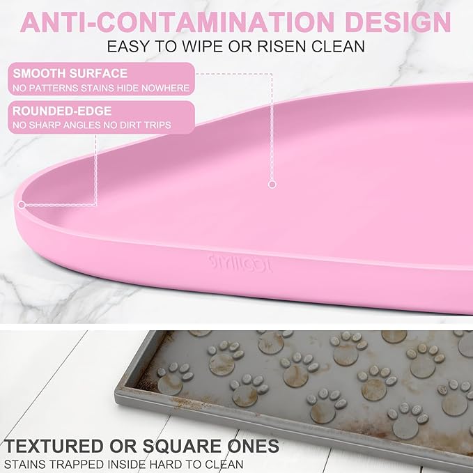 Smilool Silicone Pet Food Mat with Raised Edge for Food and Water Bowl, Dog Feeding Mats, Cat Food Trays for Floor Waterproof, Rubber Tray for Dogs and Cats, 24 x 16 x 0.8 Pink