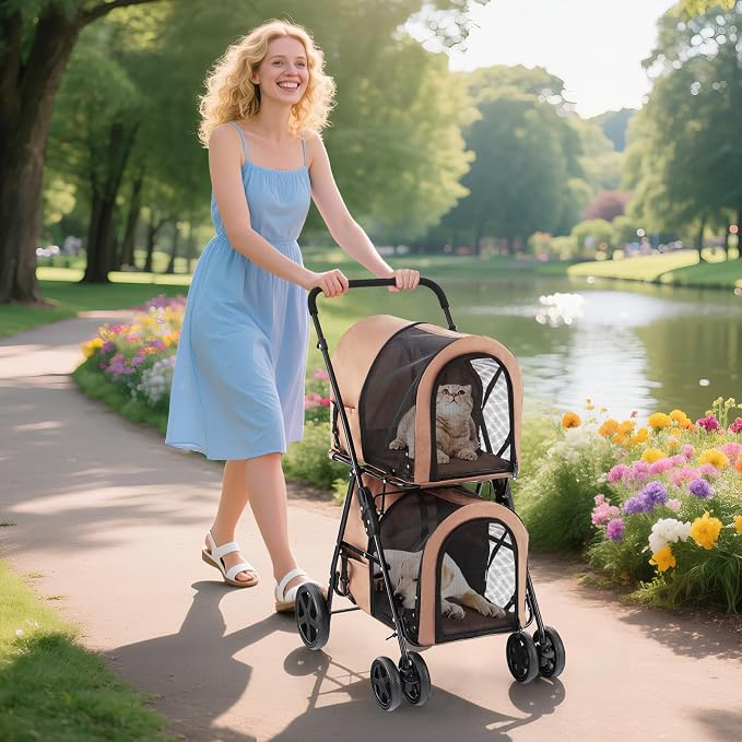 Dog Stroller with 2 Detachable Carrier, Pet Stroller for Small Medium Dogs Cats, Jogger/Travel/Camping, 4-in-1 Doggy Pet Carrier, Carrier Strolling Cart with Lockable Wheels (Beige)