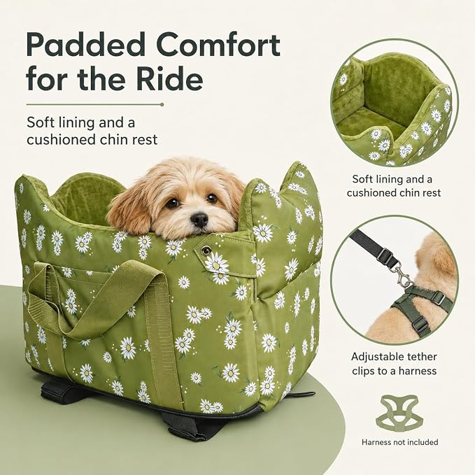 Dog Console Car Seat for Small Dogs 5-15 lbs, Light Green | Portable Center Armrest Puppy Booster, Anti-Collapse Travel Bed with Washable Fluffy Cushion