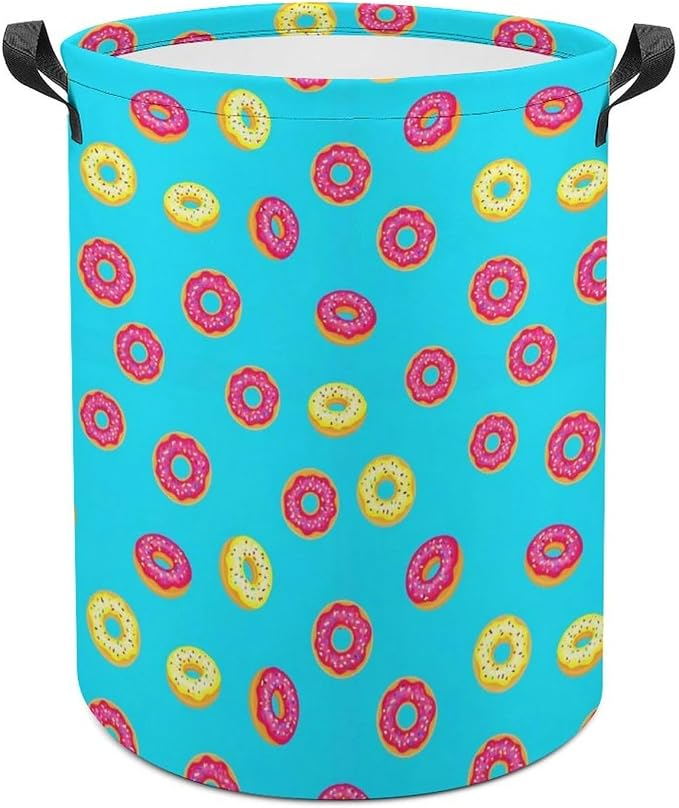 Large Laundry Hamper with Handles Donut Food Pattern, Collapsible Waterproof Basket for Clothing, Toys, and Home Storage Needs