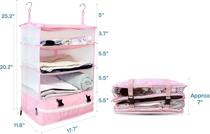Stow-N-Go Hanging Travel Shelves, Packing Organizer for Luggage. Carry on Closet for Suitcase. Expandable Packing Cube. Travel Essentials. (Pink - XL, XL = (L) 17.7" x (W) 11.8")