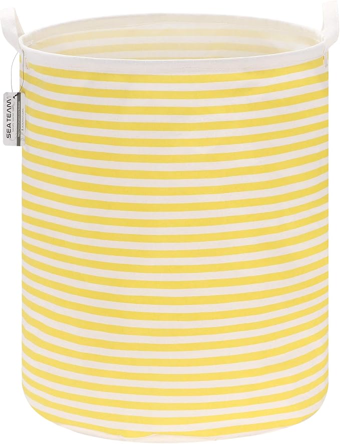 Sea Team Large Canvas Laundry Basket with Handles, Yellow Stripes | Collapsible Fabric Laundry Hamper, Closet Shelf Organizers, Containers for Clothing, Blankets, Toys, Bedding, 19.7 x 15.7”