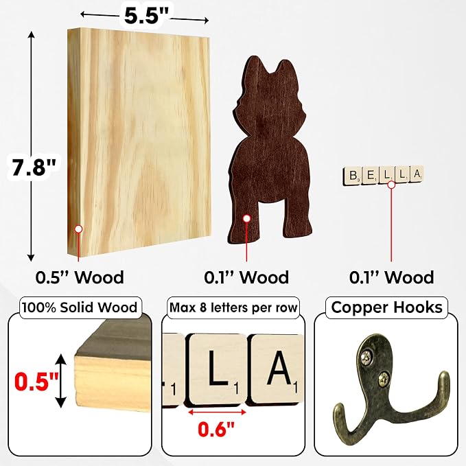 Husky Dog Leash Holder Wall Mount with Scrabble Letters, Wooden Dog Wall Hook Organizer, Pet Collar and Harness Holder Entryway, Key Hook & Leash Rack, Home Decor for Pet Lovers PF297-45