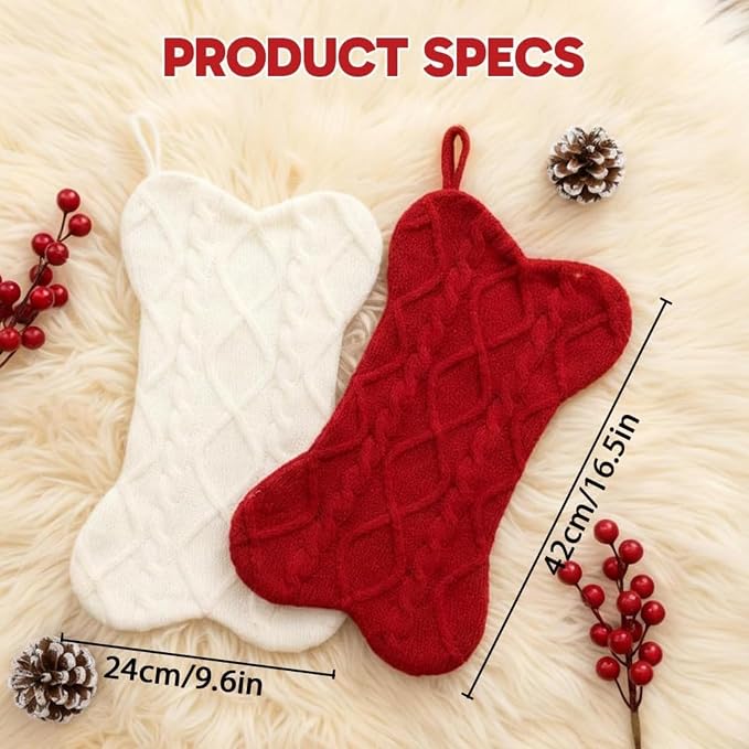 Christmas Dog Stocking, Knitted Bone-Shaped Christmas Stocking for Pets, 16.54x9.45 Inch Holiday Sock for Tree Decoration and Gift Storage (White)