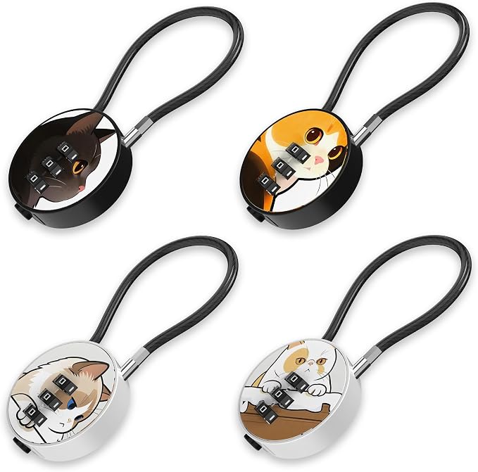 Small Combination Lock for Luggage, Gym Locker, Backpack Bag Zipper, Mini Combo Lock with Code, 5.12 Inch Steel Cable Padlock for Travel Suitcase (4-Cat, Cute)