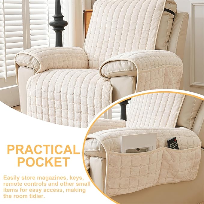 Polyester Flannel Recliner Cover, Non-Slip with 2 Side Pockets | Soft short-pile polyester with silicone backing guards armrests from pet scratches; thick one-piece cover, machine washable.
