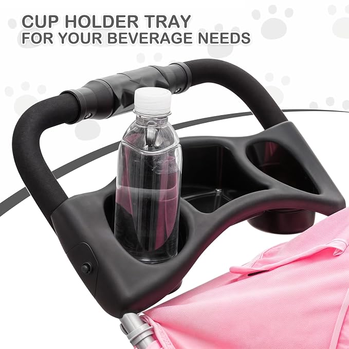 MoNiBloom Pet Stroller for Small/Medium Dogs and Cats up to 33 lbs, Pink | Foldable Dog Stroller 3 Wheels Pet Strolling Cart w/ Storage Basket Cup Holder, Breathable and Visible Mesh for All-Season