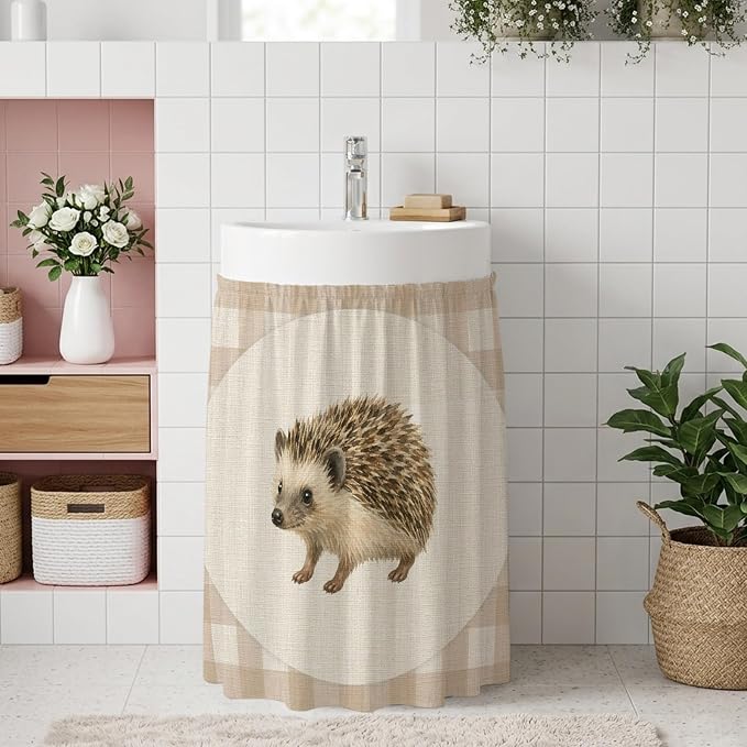 Hedgehog Oven Skirt Curtain for Kitchen Decor 28"x35", Vintage Farmhouse Linen Plaid Rustic Animal Self Adhesive Stove Curtains Skirt Cabinet Curtains for Bathroom Laundry Room
