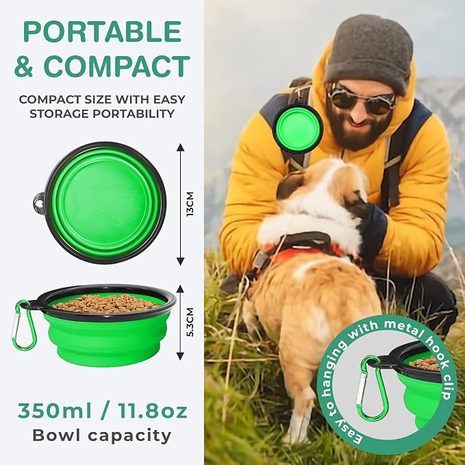 Collapsible Dog Bowls for Travel, Green | Portable Dog Water & Food Bowl for Dogs and Cats, Foldable Pet Feeding Dish, Walking Hiking Camping, Carabiner, BPA Free