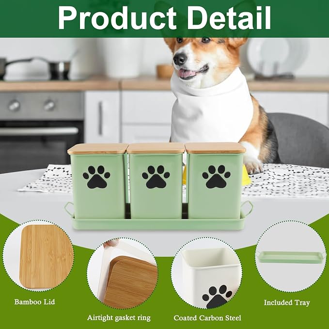 Set of 3 Metal Dog Treat Jars,60oz Airtight Dog Treat Container with Bamboo Lids,Cat Treat Canister,Puppy Cookie Container for Kitchen Counter,Coated Galvanized Steel-Green