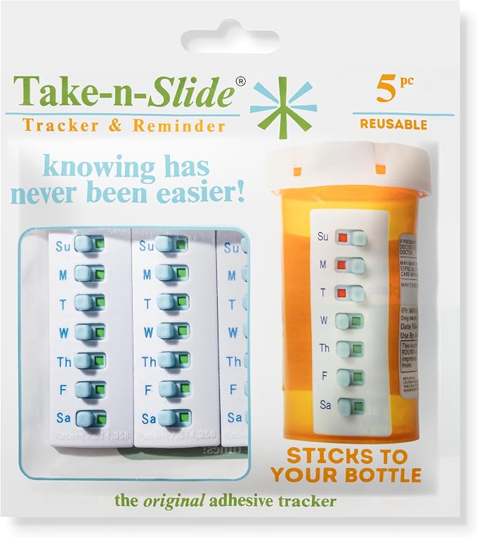 TAKE-N-SLIDE Peel and Stick Reusable for 12 + Refills, Pill/Medication/Vitamin/Pet Med Tracker & Reminder, Attach to Your Bottle, Organizer-Free, Curved‑Back (White, 5-Pack)