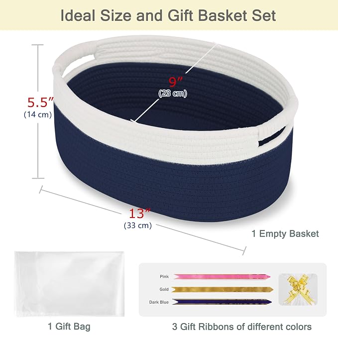 Small Woven Gift Basket with Bag & Ribbons, Navy Blue | Cotton Rope, 13”x 9”x 5.5”, Fits for Kids, Women & Men, Bedroom, Living Room, Nursery & Bathroom Storage, Cat & Dog Toy Boxes