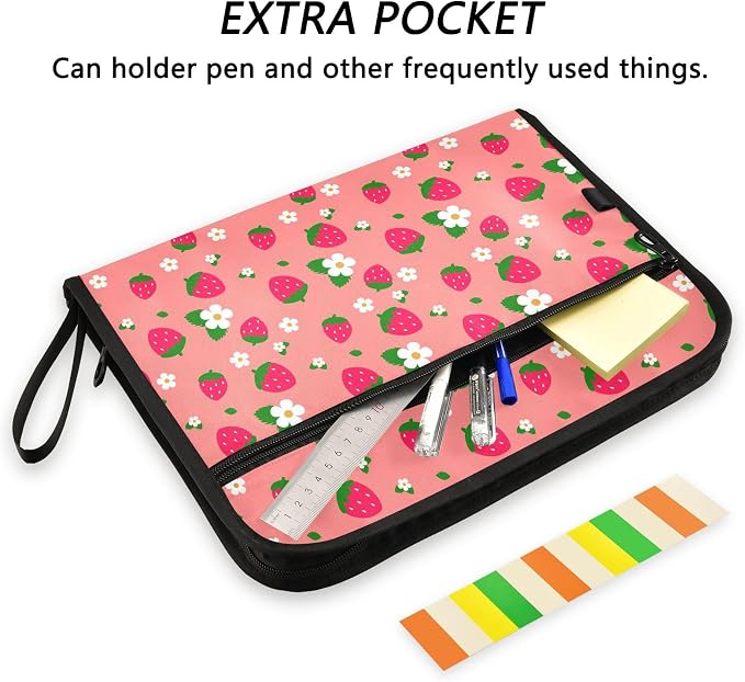 13 Pocket Zipper Expanding File Folder A4 Cute Strawberry Flower | Accordion File Organizer with Front Pouch A4 Letter Size Portable Folders for Documents Receipt School Office Supplies