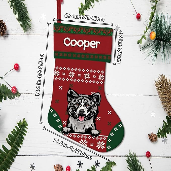 Personalized Christmas Stocking Happy Chihuahua Dog Red Christmas Snowflake Xmas Holiday Stocking Fireplace Home Decor 14"