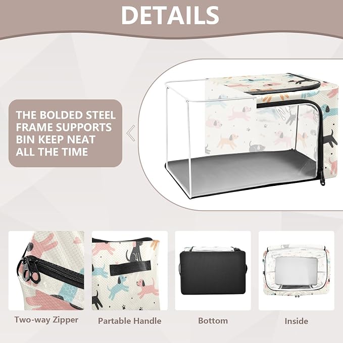 Cute Pets Dogs White print Under Bed Storage Containers with Double Zipper Openings, Foldable Clothes Storage Bins with Clear Window and Handles for Blankets Comforters Bedding