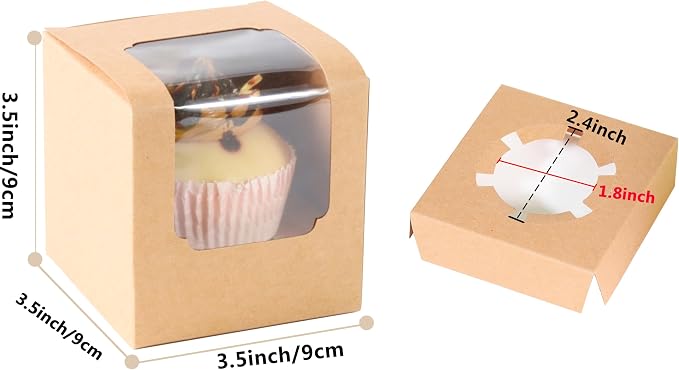 25 Pcs Single White Cupcakes Containers Gift Boxes with Window Inserts Handle for Wedding Candy Boxes (25P-Brown)