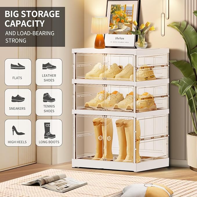 CIMLORD 3-Tier Foldable Shoe Rack, Magnetic Clear Doors, 6 Pairs, White | Collapsible Narrow Plastic Shoe Cabinet, Stackable, Lidded, Tool-Free Assembly, Fits Boots & Sneakers, Closet & Entryway