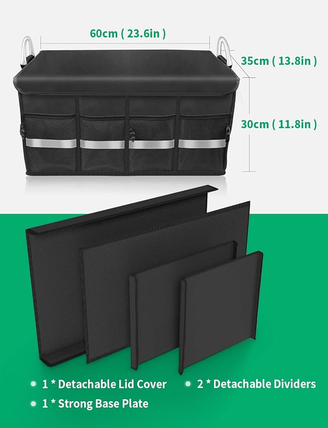 Oasser Trunk Organizer with Sturdy Hard Lid, Large, Black | Aluminium Alloy Handle, supports up to 110lb load, 1680D Splash-Resistant Material, Reflective Strip, Anti-slip bottom