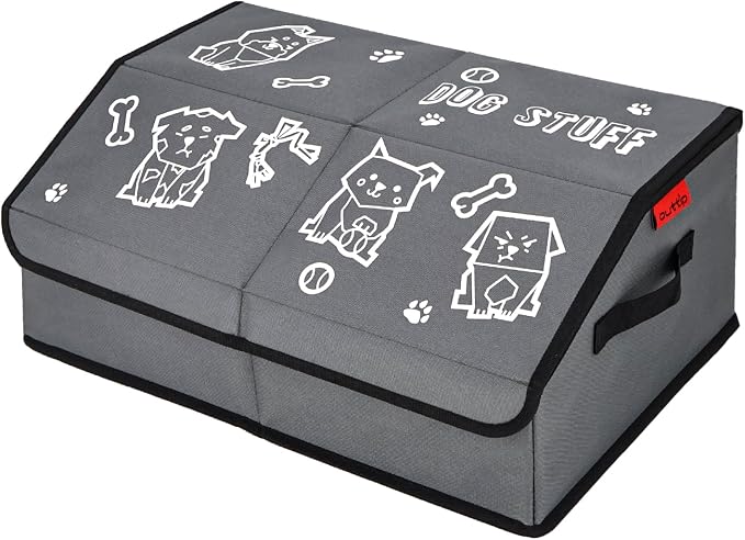 Dog Toy Box with Lid and Removable Divider, 19" Collapsible Toy basket and Handle，600D Fabric Cute Puppy Organizer for Pet Toys and Accessories - Grey - 1pcs