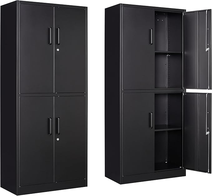 Metal Storage Locking Cabinet with 4 Doors and 2 Adjustable Shelves,71" Lockable Garage Tall Steel Cabinet,for Home Office,Living Room,Pantry,Gym,Commercial Storage (Black)