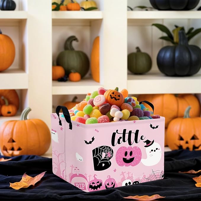 Halloween Basket Gift Cute Pumpkin Ghost Parties Decor Kid Trick or Treat Basket for Boys and Girls Rectangular Storage Bin Box (Pink)