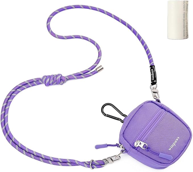 Dog Treat Pouch with Poop Bag Holder, Small Crossbody Bag for Puppy Training and Walking, Shoulder Strap Can Use as Dog Leash- Pet Travel Accessories, Metal Carabiner Attached (Purple) | 900D Oxford Fabric