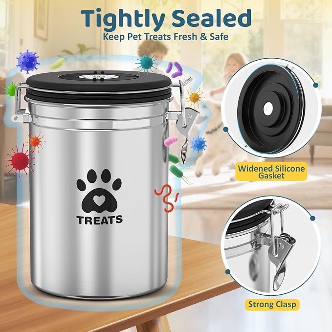ENONCI Airtight Dog Treat Canister, 304 Stainless Steel Food Storage Jar with Date Dial Silver-1.8L