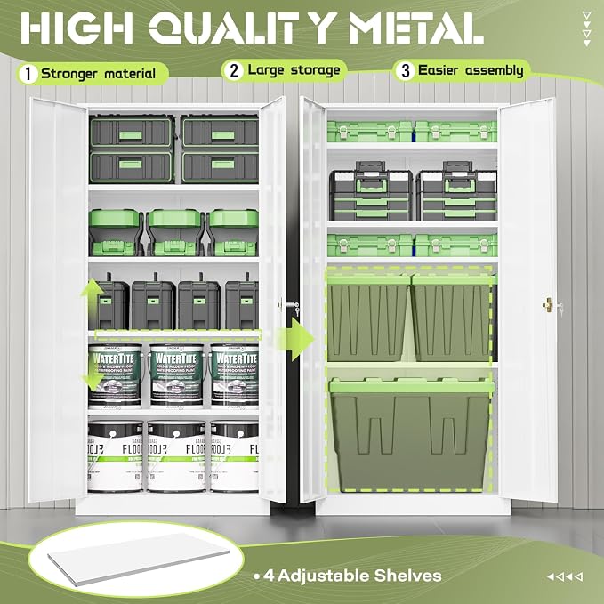 Crownland 72" Lockable Metal Storage Cabinet, Garage Storage Cabinets, High Office Cabinet with Adjustable Shelves for Garage, Home Office,Pantry, File(White)