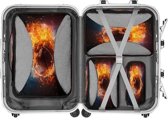 Fire Basketball Packing Cubes for Travel, Luggage Packing Organizers, Burning Ball Travel Accessories Large Toiletries Bag for Clothes Shoes Cosmetics Toiletries