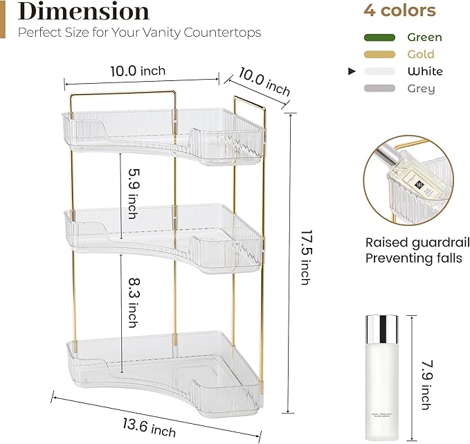Aveniee Corner Bathroom Counter Organizer, Bathroom Countertop Shelf Makeup Storage, Clear Perfume Tray Holder (3 Tiers, White)